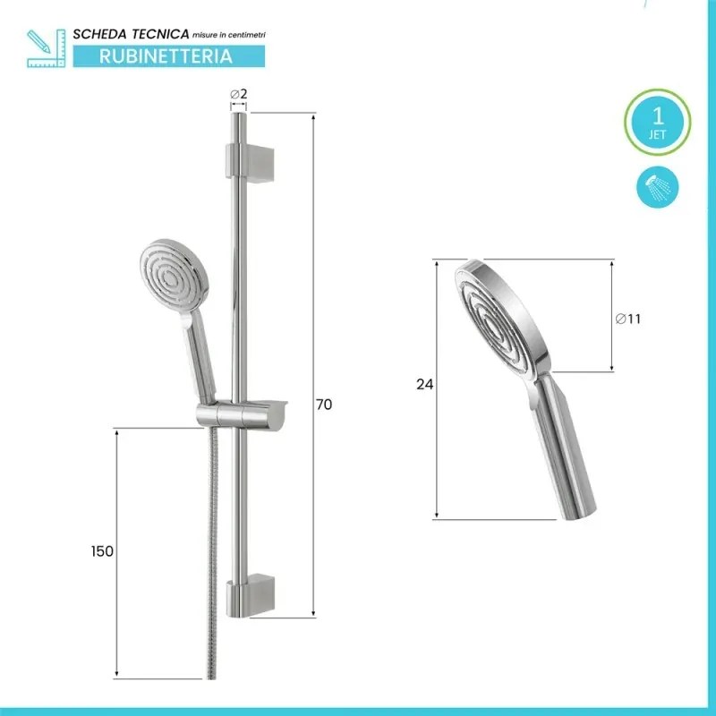 Saliscendi doccia 70 cm regolabile con doccetta tonda in ABS cromato lucido Hidra