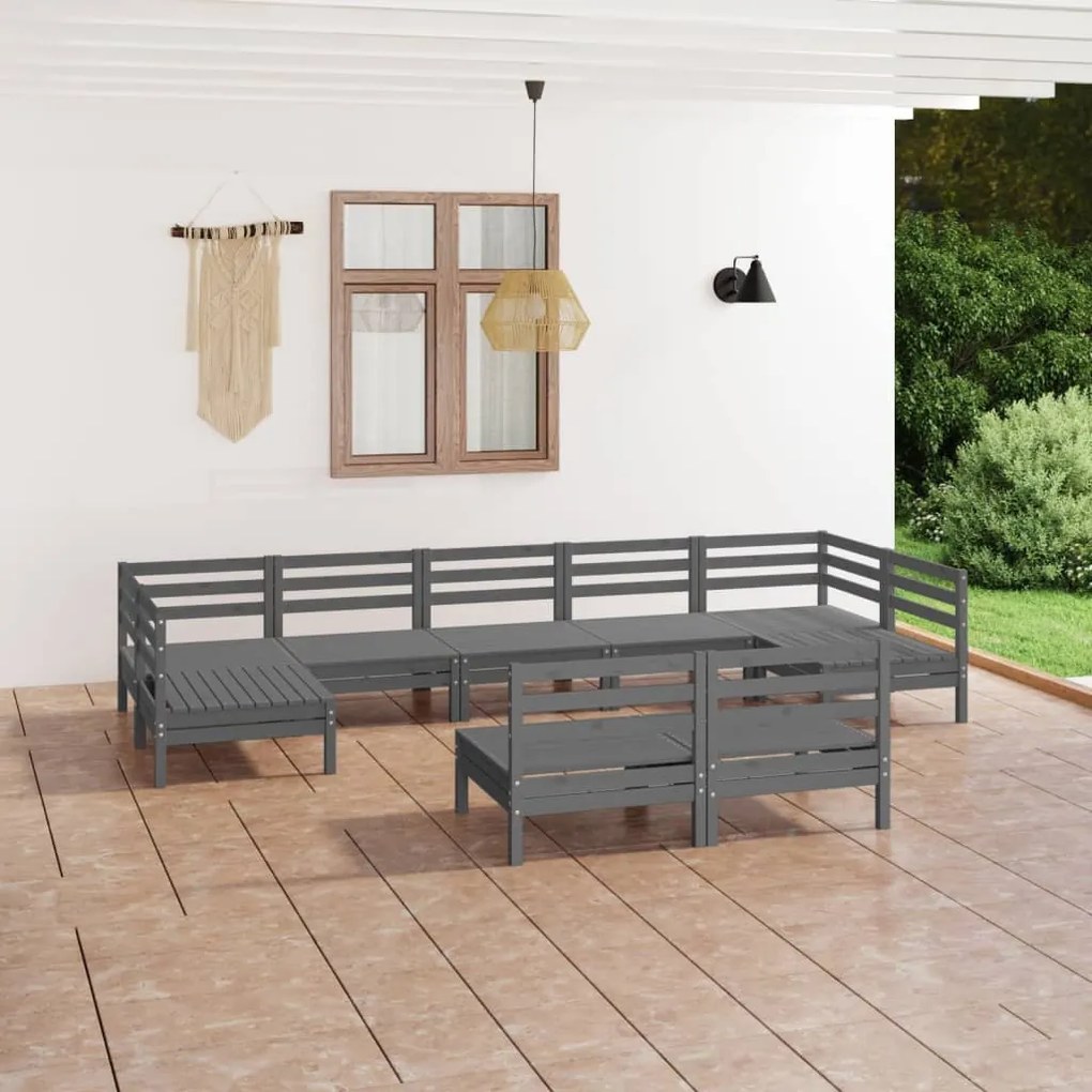 Set salotto da giardino 9 pz grigio in legno massello di pino