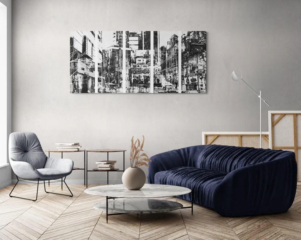 Quadri 5 pezzi – Panorami urbani astratti in bianco e nero