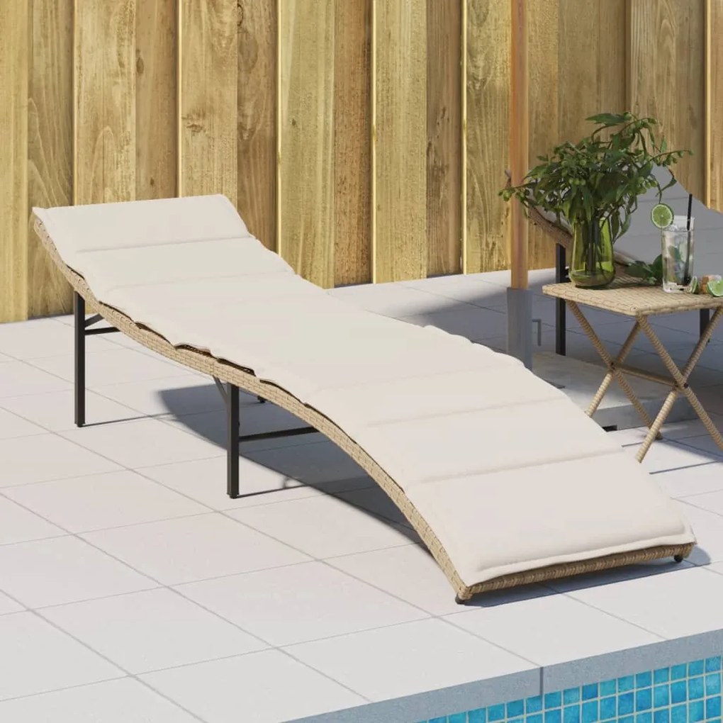 Lettino Prendisole Con Cuscino Beige 55x199x50 Cm İn Polyrattan /