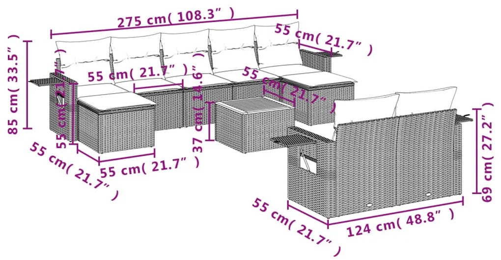 Set Divano da Giardino 10 pz con Cuscini Grigio in Polyrattan