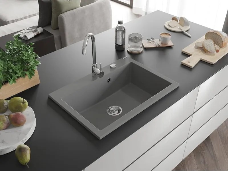 Mexen Elix lavello in granito a 1 vasca 700 x 500 mm, grigio, sifone cromato - 6526701005-71