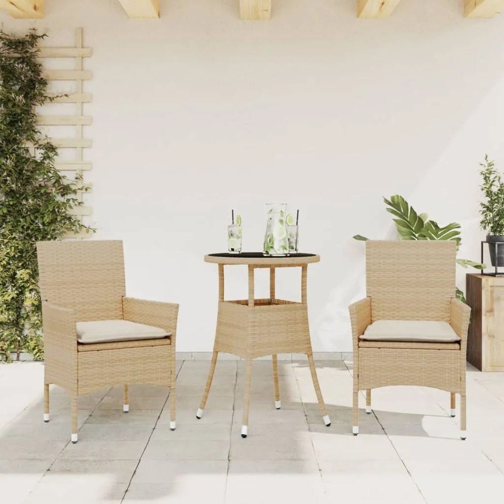 Set Da Pranzo Da Giardino 3 Pz Con Cuscini Polyrattan E Vetro /