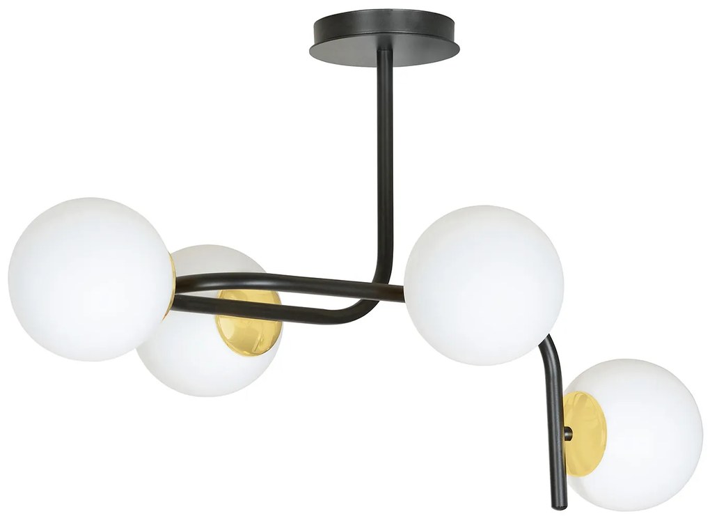 Lampadario 4 Luci Kalf Acciaio Nero A Bracci Curvi E Sfere Vetro Opalino E Oro