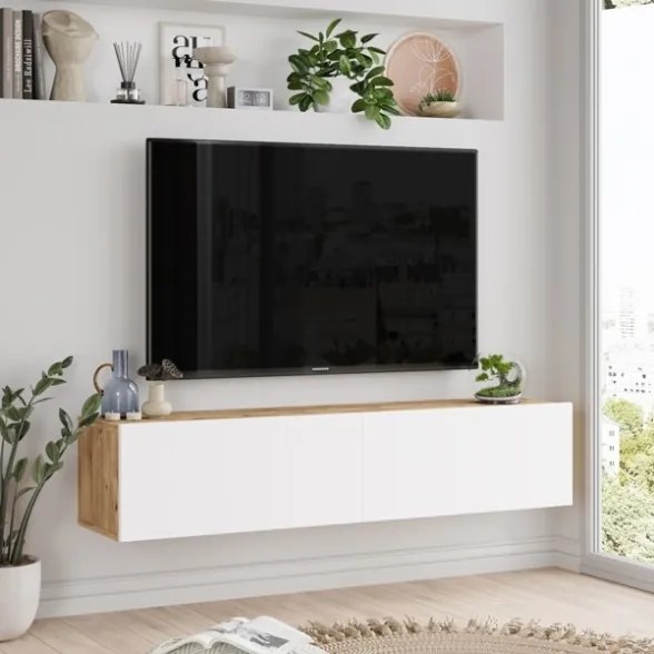 Mobile Tv Sospeso 140x32x30 Effetto Legno Rovere E Bianco Future