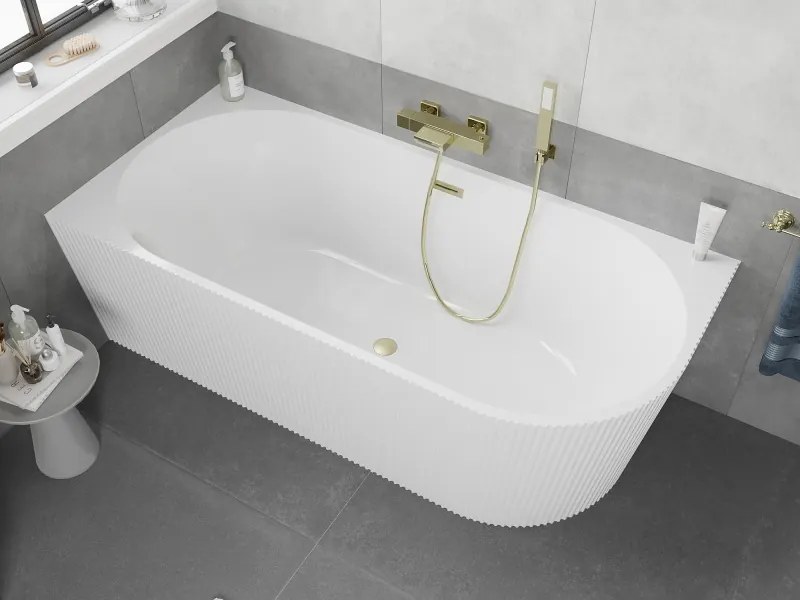 Mexen Silo vasca indipendente ad angolo sinistro scanalata 170 x 80 cm, bianca, troppopieno oro spazzolato - 52891708000L-55