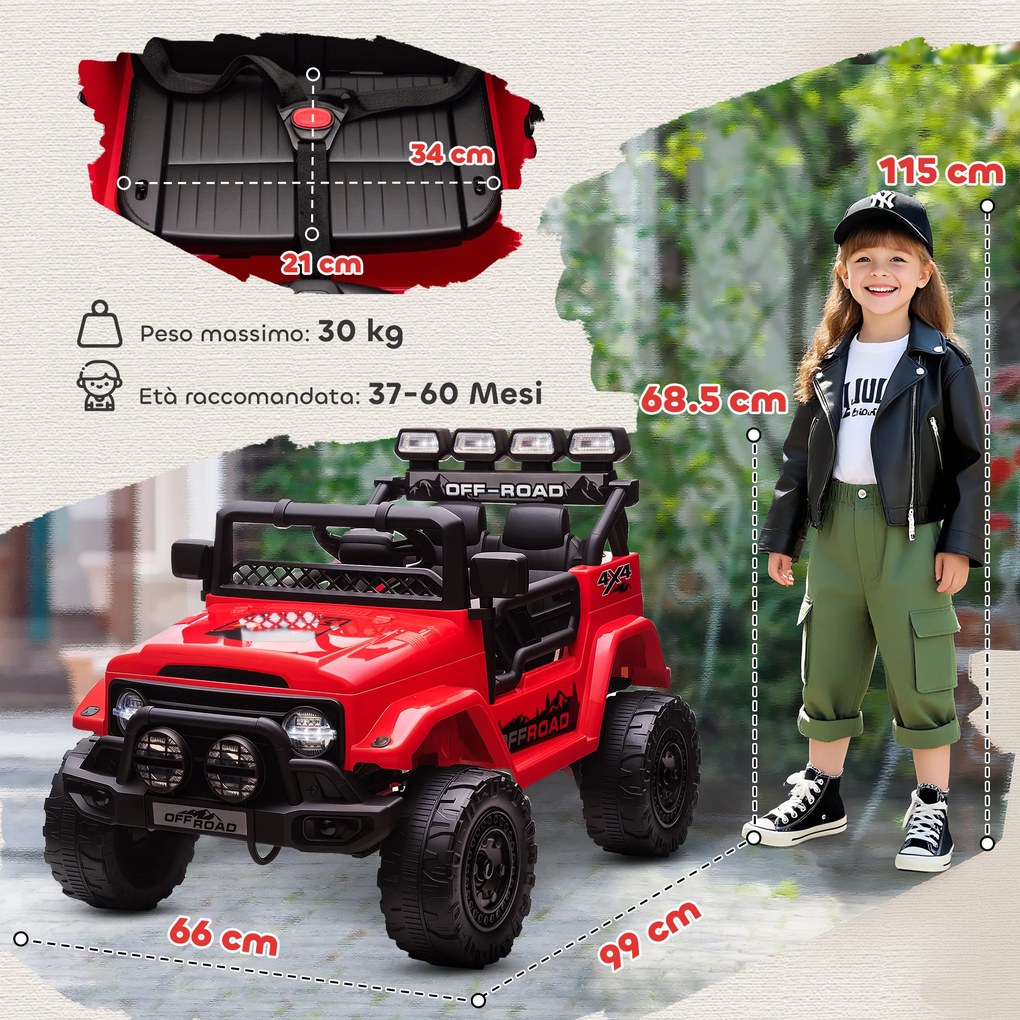 Macchina Fuoristrada per Bambini 99x66x68.5 cm con Fanali Clacson e Telecomando in PP e Metallo Rosso...