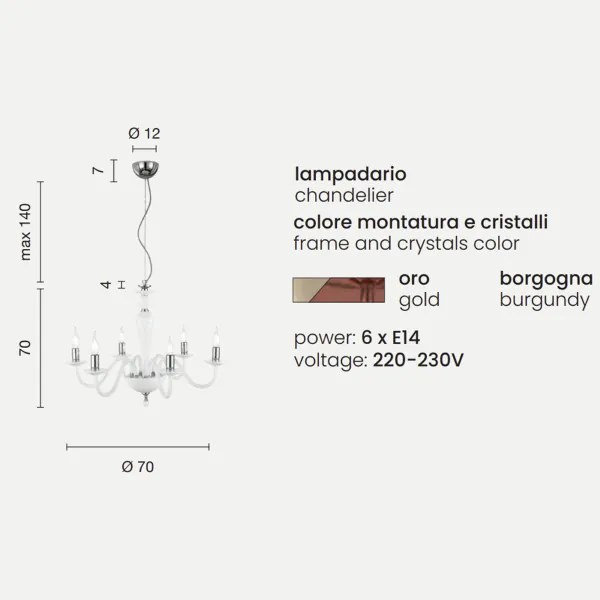 Lampada a sospensione PAGANINI a 6 LUCI in vetro lavorato a mano D70 cm BORGOGNA