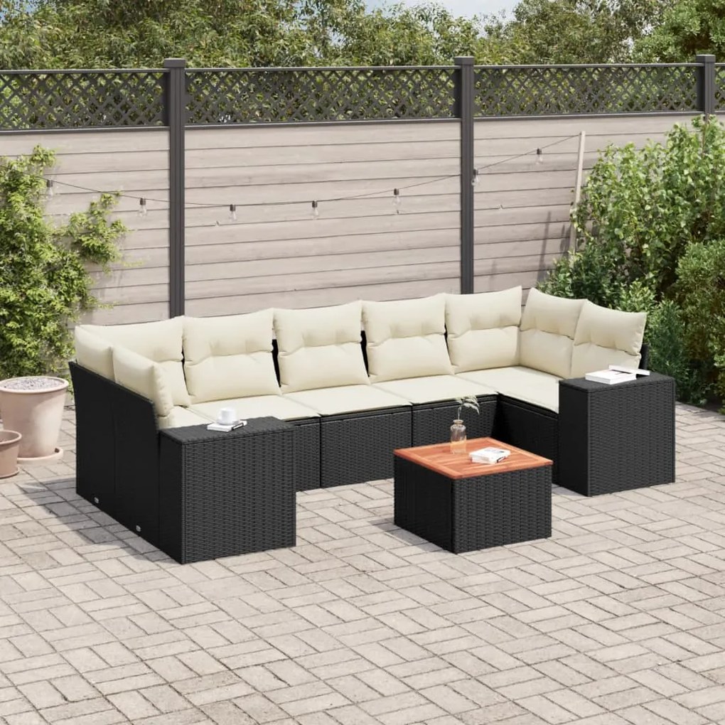 Set divani da giardino con cuscini 8 pz nero in polyrattan