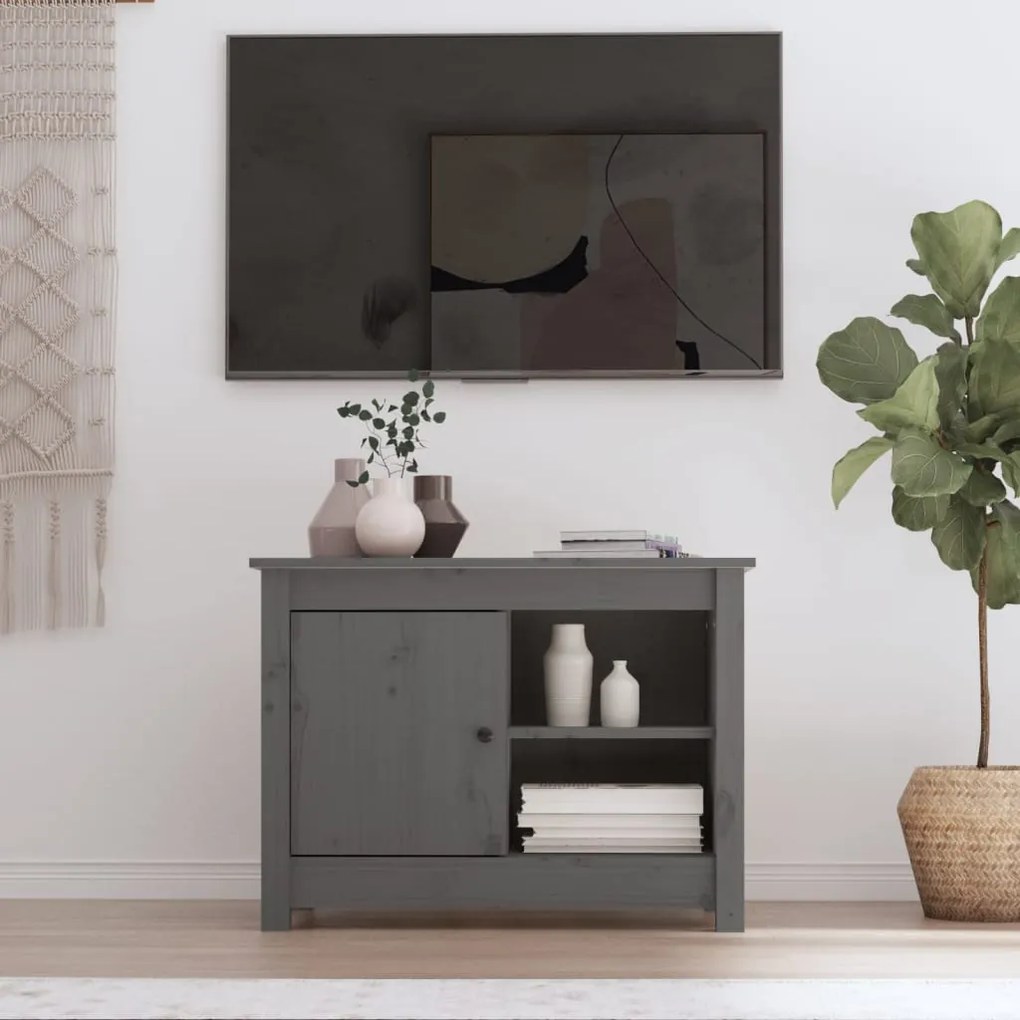 Mobile Porta Tv Grigio 70x36,5x52 Cm İn Legno Massello Di Pino /