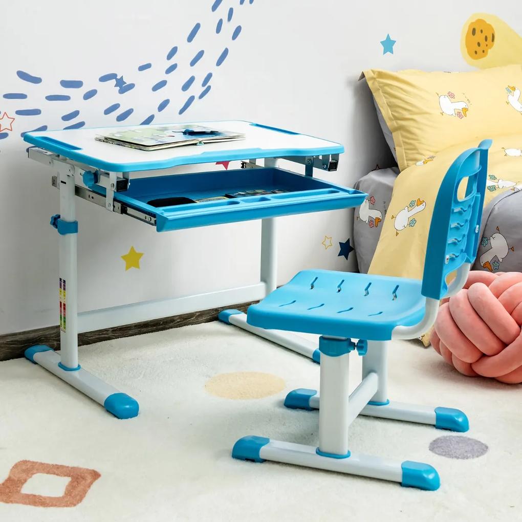 Costway Set scrivania e sedia per bambini con altezza regolabile e cassetto, Set tavolo con superficie inclinabile Blu