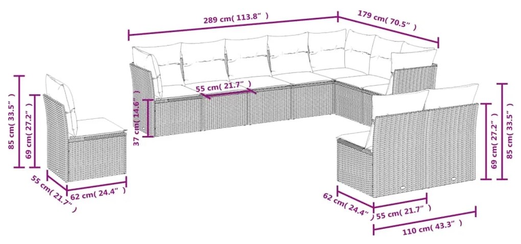 Set Divani da Giardino 10pz con Cuscini in Polyrattan Marrone