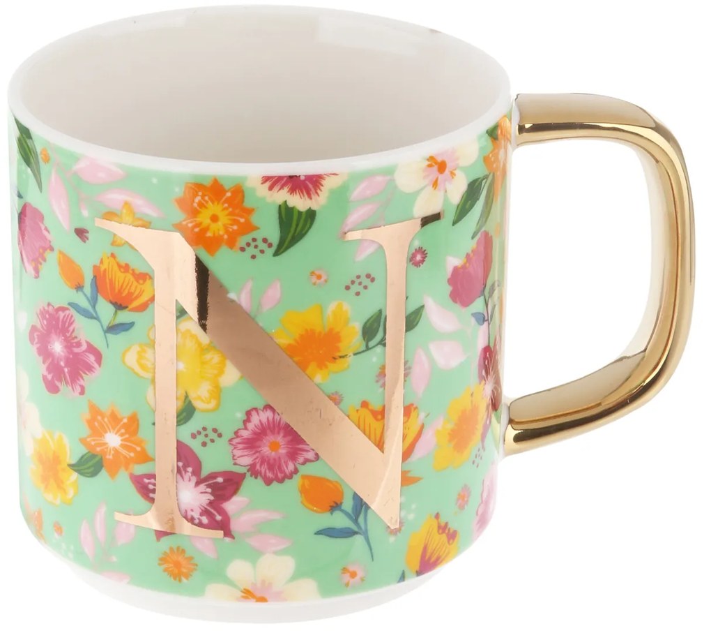Mug fiori con lettera N in New Bone China, 350 ml