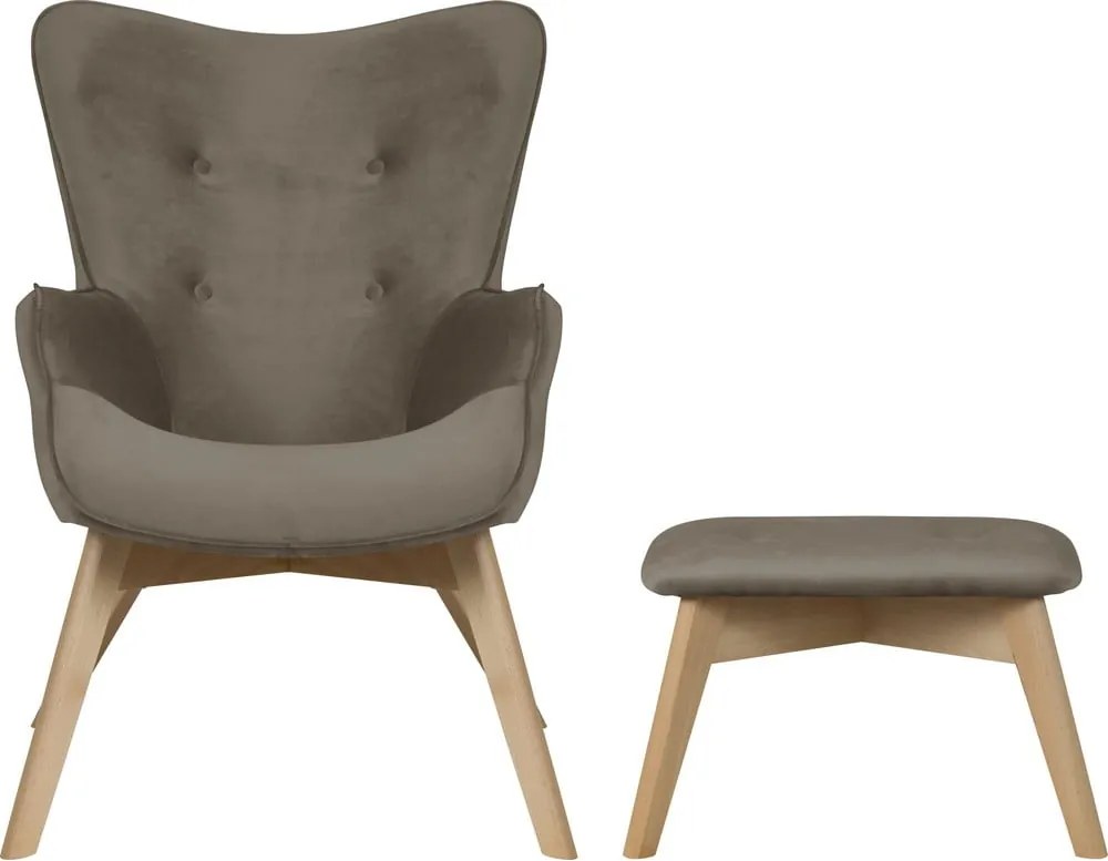 Poltrona con poggiapiedi marrone chiaro con rivestimento in velluto Niko – Ropez