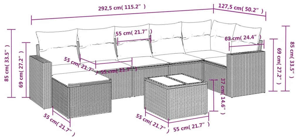 Set divani da giardino con cuscini 8 pz nero in polyrattan