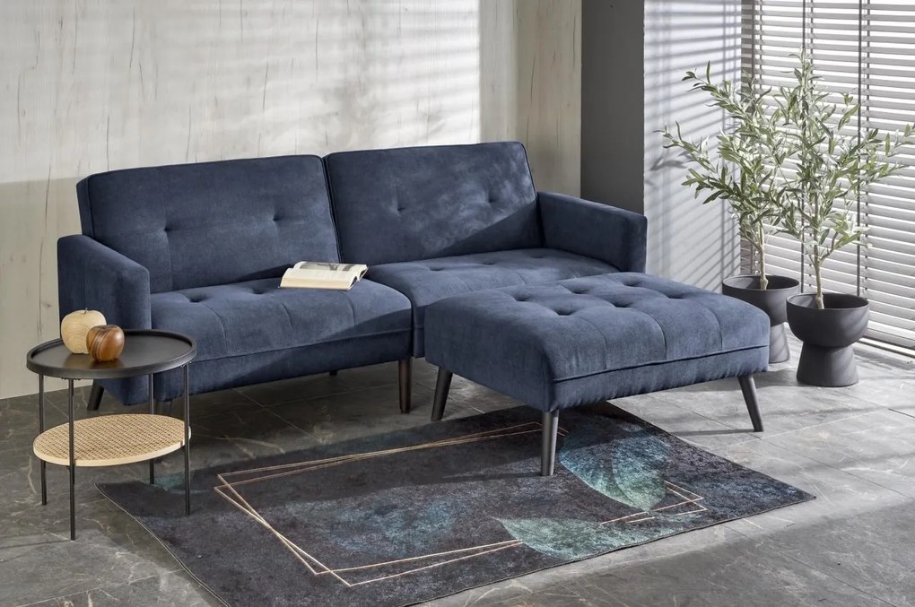 Divano letto Cornelius con sgabello blu