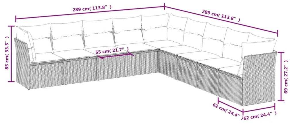 Set divani da giardino 9 pz con cuscini nero in polyrattan