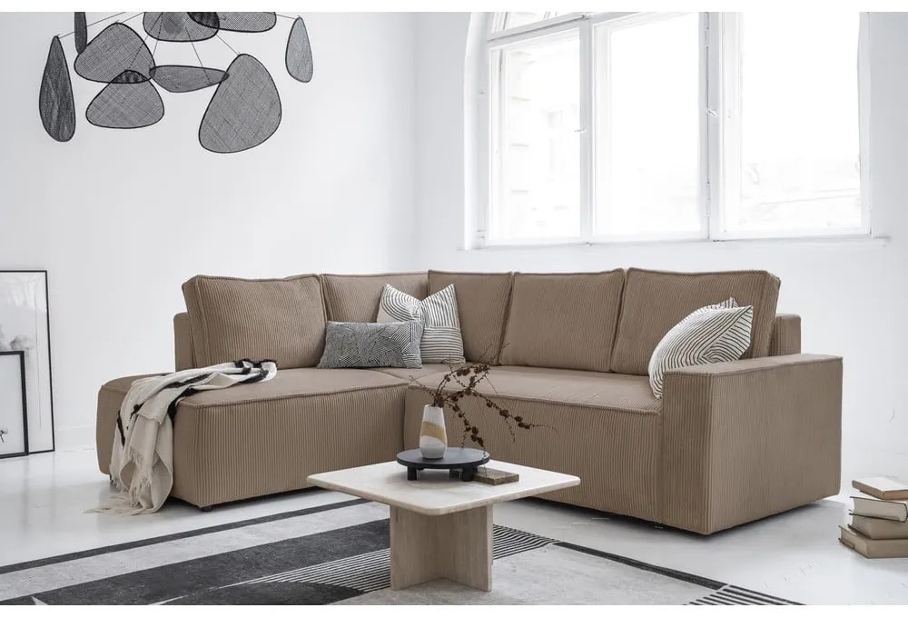 Divano letto angolare in velluto a coste beige Brave Dave - Miuform