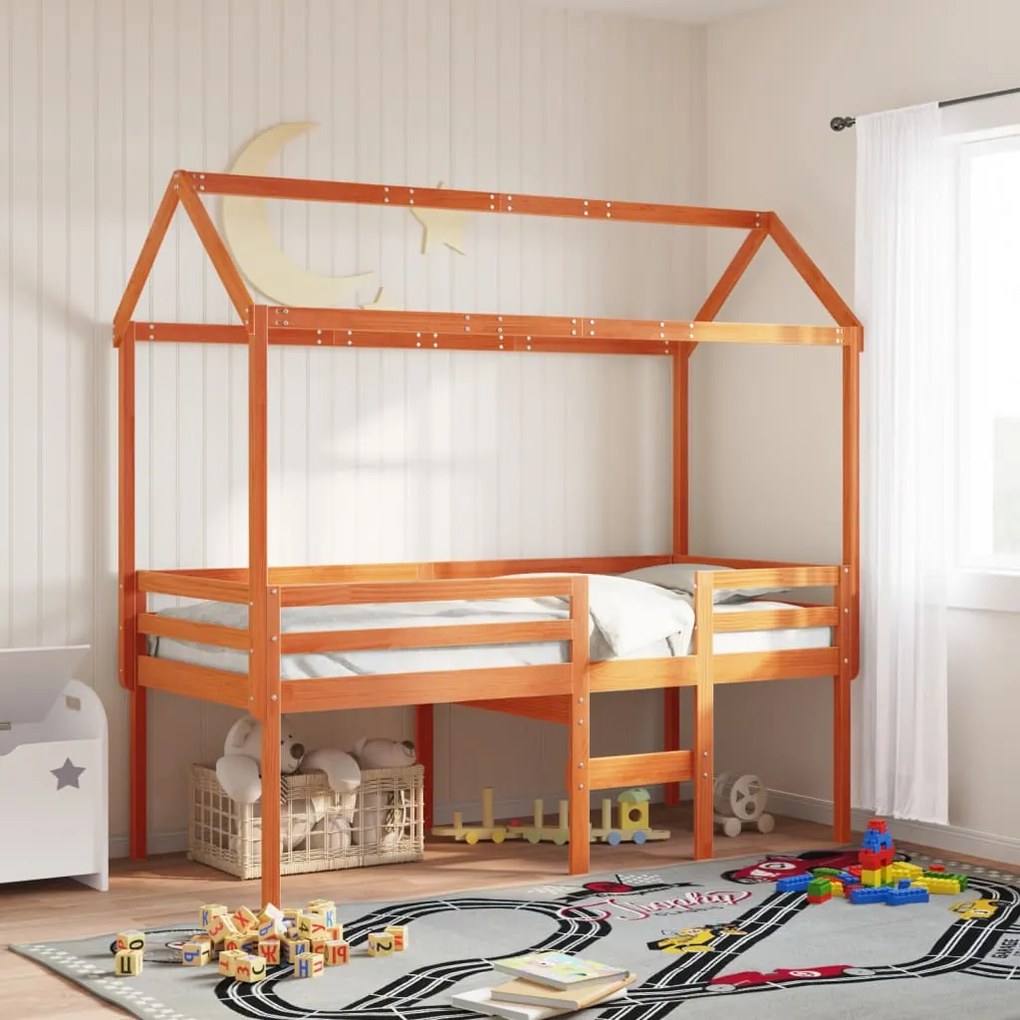 Tetto letto bambini marrone cera 207x80,5x151,5cm massello pino
