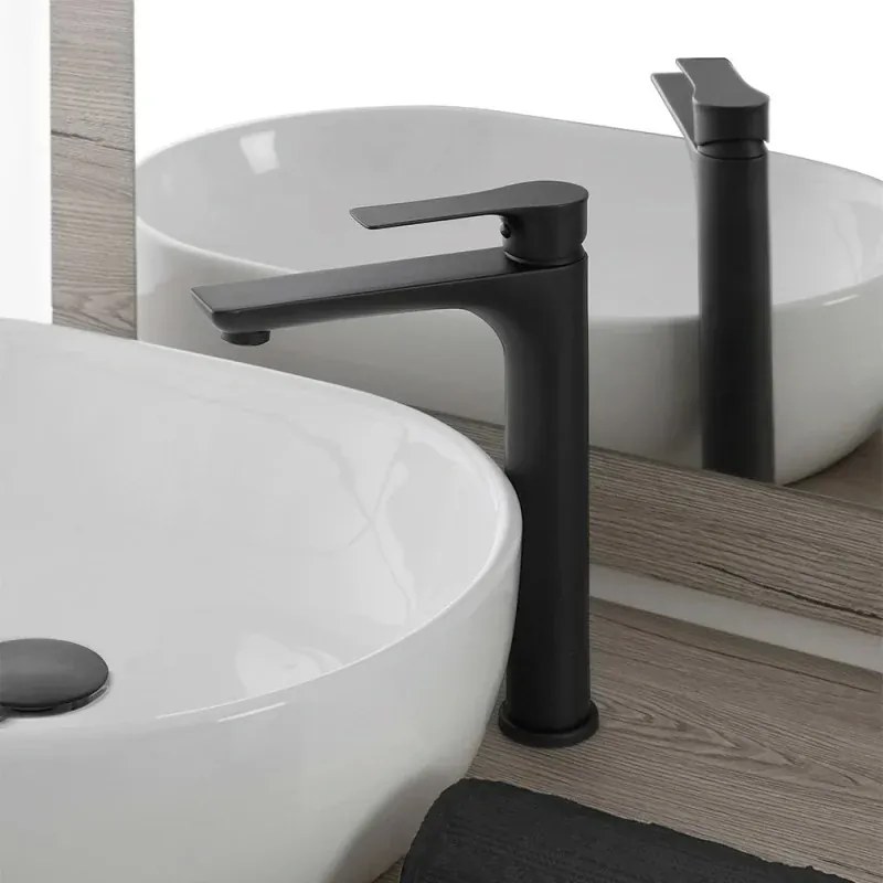 Set miscelatori lavabo alto bidet e doccia Flat nero opaco con piletta