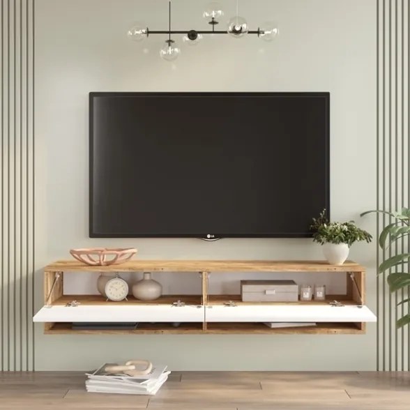 Mobile Tv Sospeso 140x32x30 Effetto Legno Rovere E Bianco Evolution