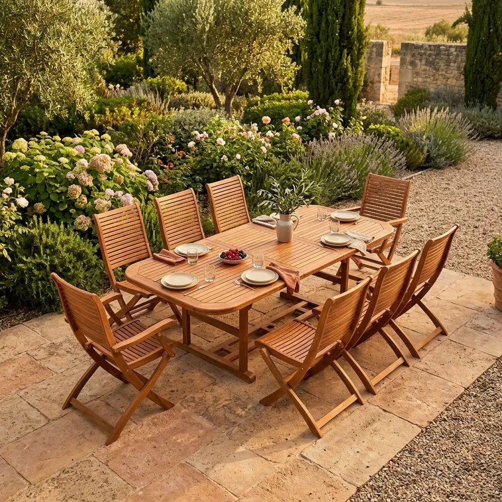 TURRIS - set tavolo in legno massiccio di acacia cm 150/200 x 90 x 74 h con 6 sedie e 2 poltrone Mulier