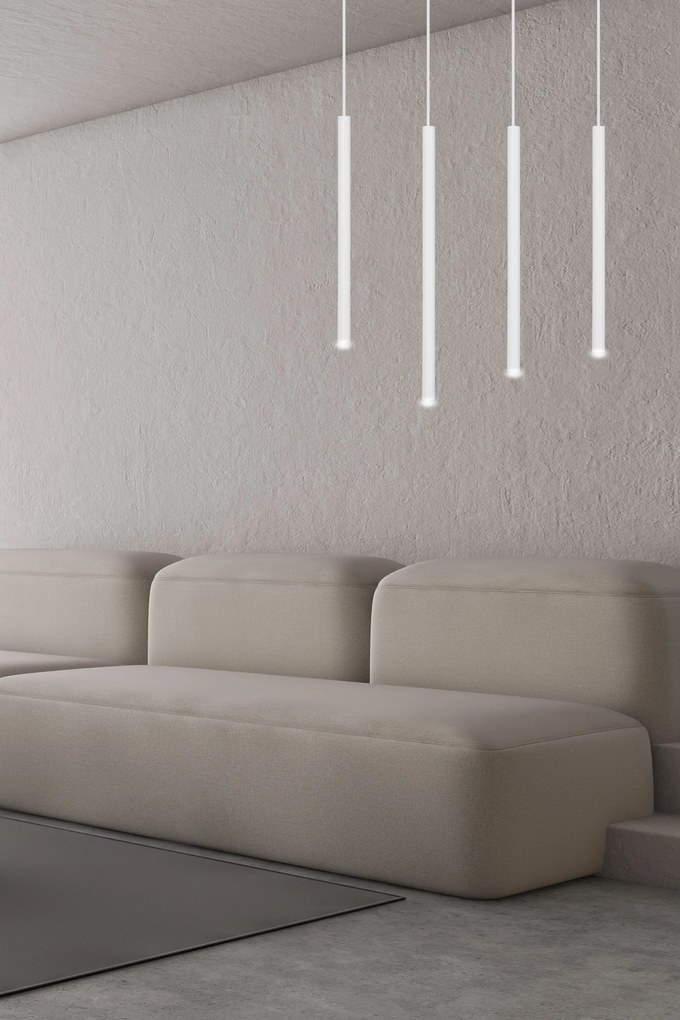 Lampadario 4 Luci Moderno Selter Acciaio Bianco E Paralumi A Cilindri Sottili