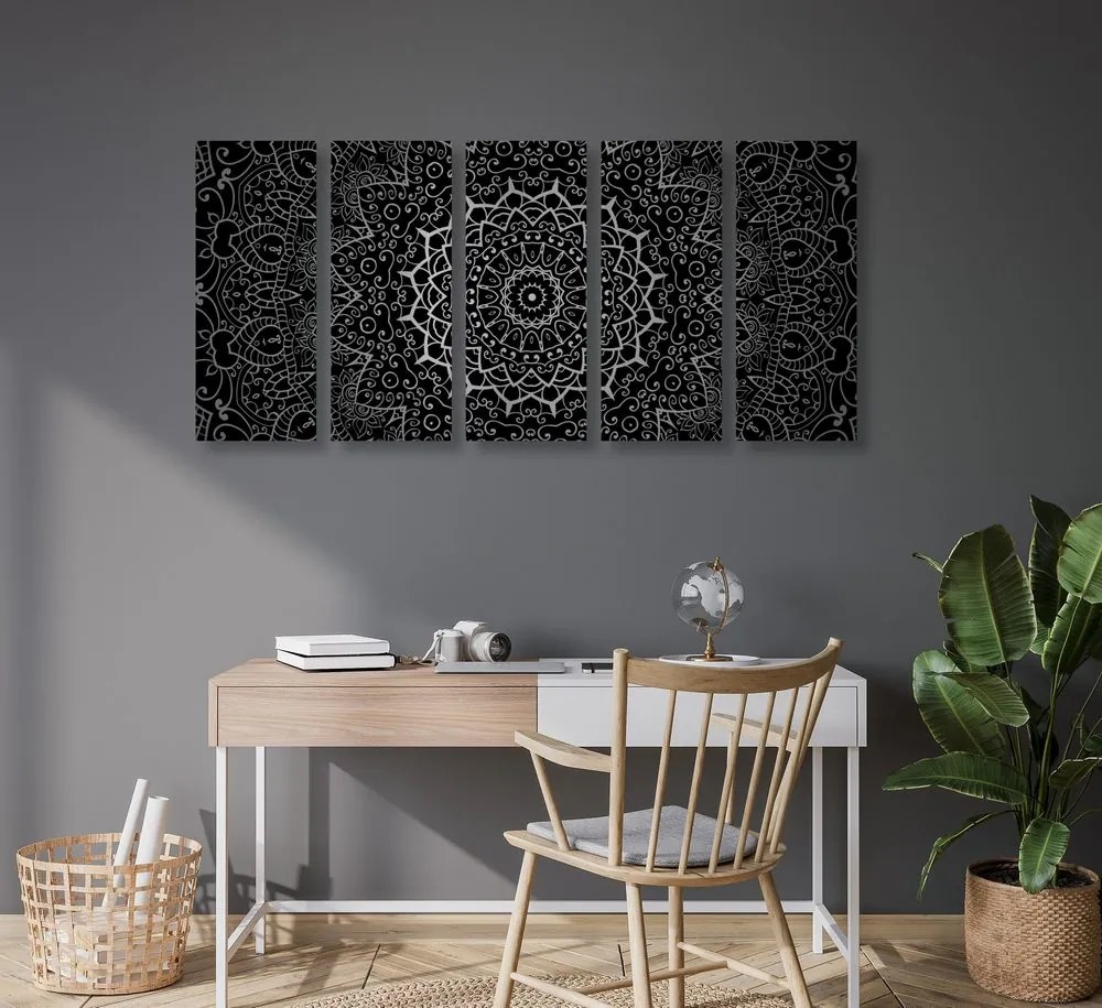 Quadri 5 pezzi – Mandala vintage in stile indiano in bianco e nero