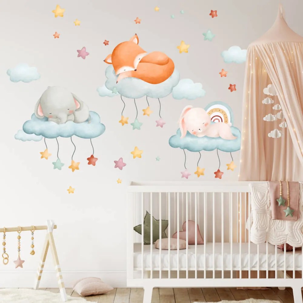 Adesivo murale per bambini - Animali addormentati tra le stelle | Inspio