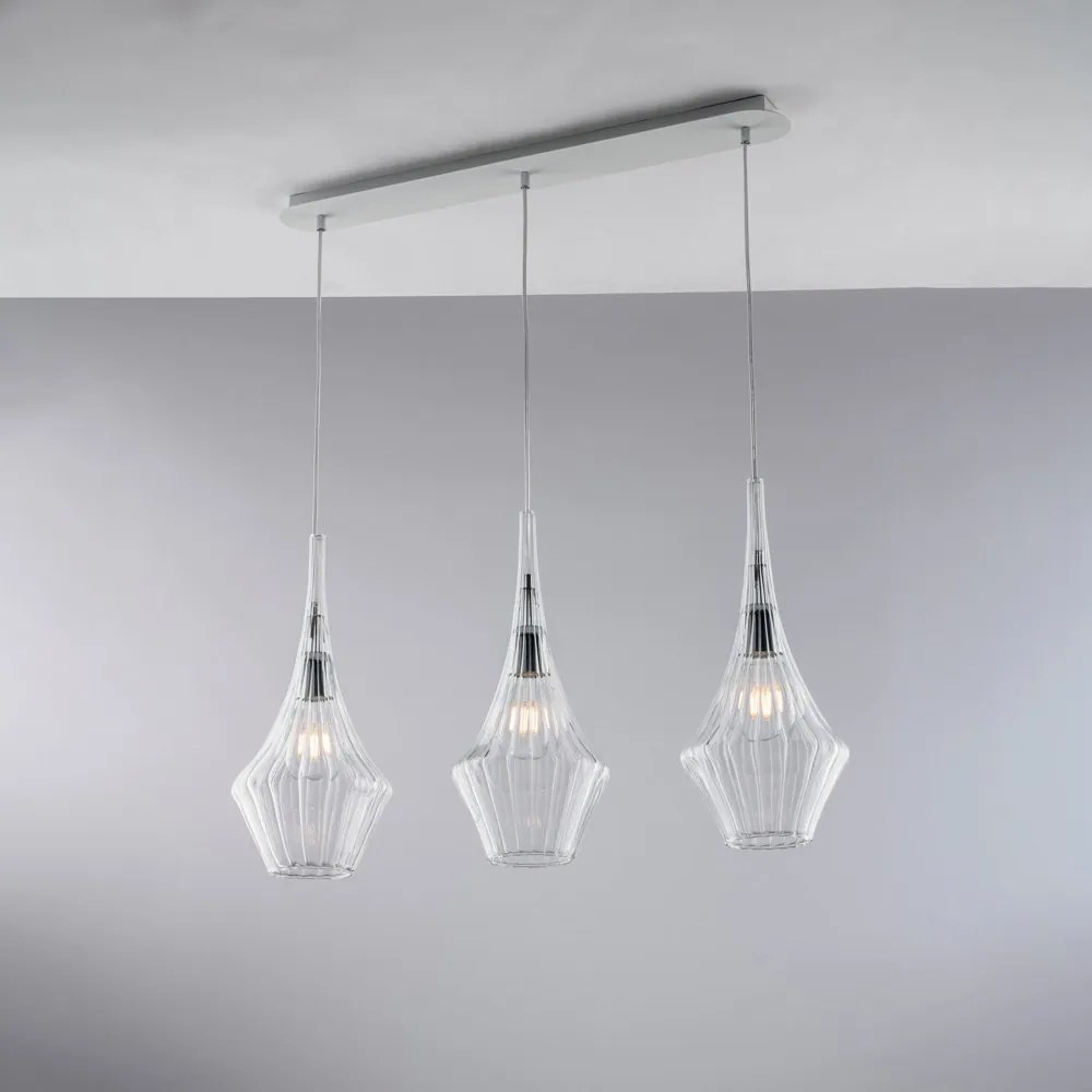 Lampadario Binario Moderno Zeus Metallo Bianco Vetro Trasparente 3 Luci E27