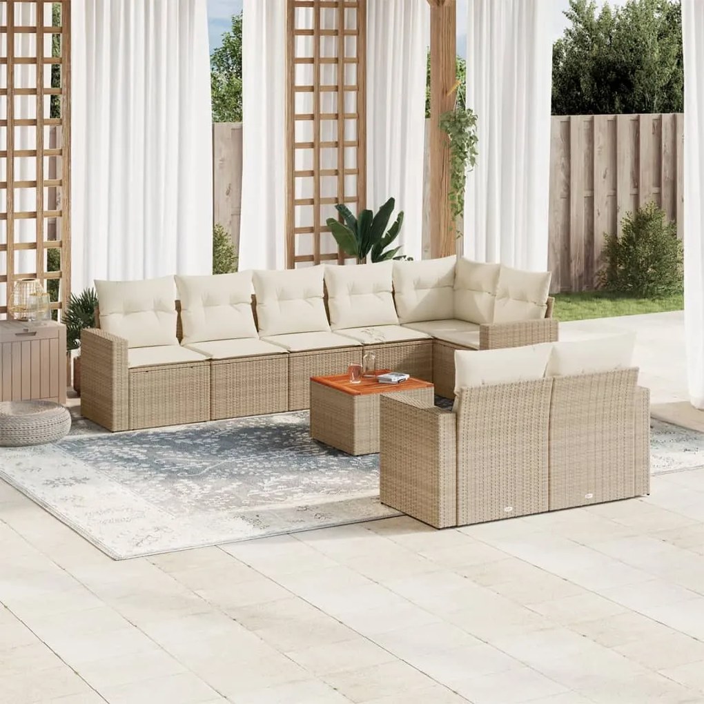 Set divano da giardino 9 pz con cuscini beige in polyrattan