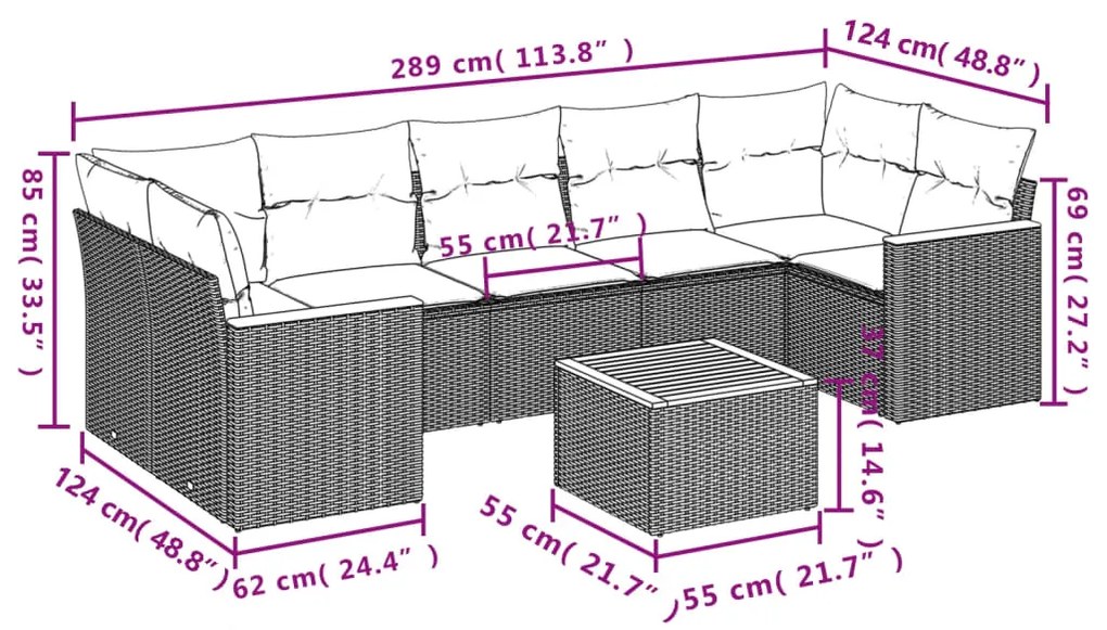 Set divani da giardino con cuscini 8 pz nero in polyrattan