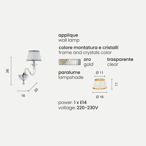 Applique 38 cm BACH con paralume in vetro trasparente 1 Luce Oro