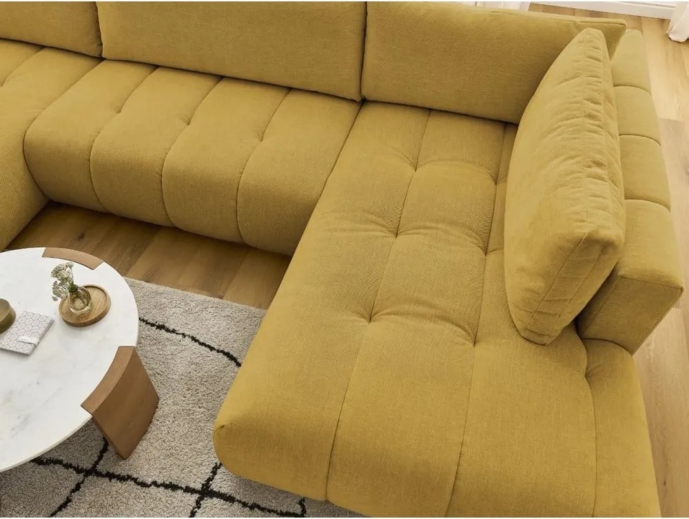 Divano angolare color senape allungabile e con contenitore (penisola a destra/a U) con rivestimento in ciniglia Fuji – Bobochic Paris