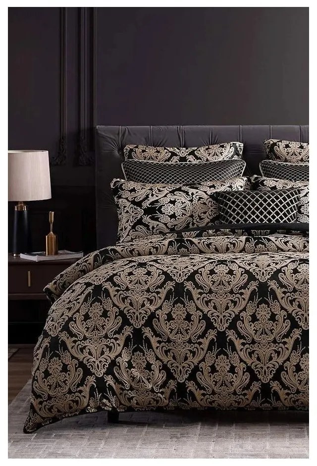 Set copripiumino e federa nero in cotone renforcé per letto matrimoniale/per letto esteso con lenzuolo incluso/4 pezzi 200x220 cm Damask – Mila Home