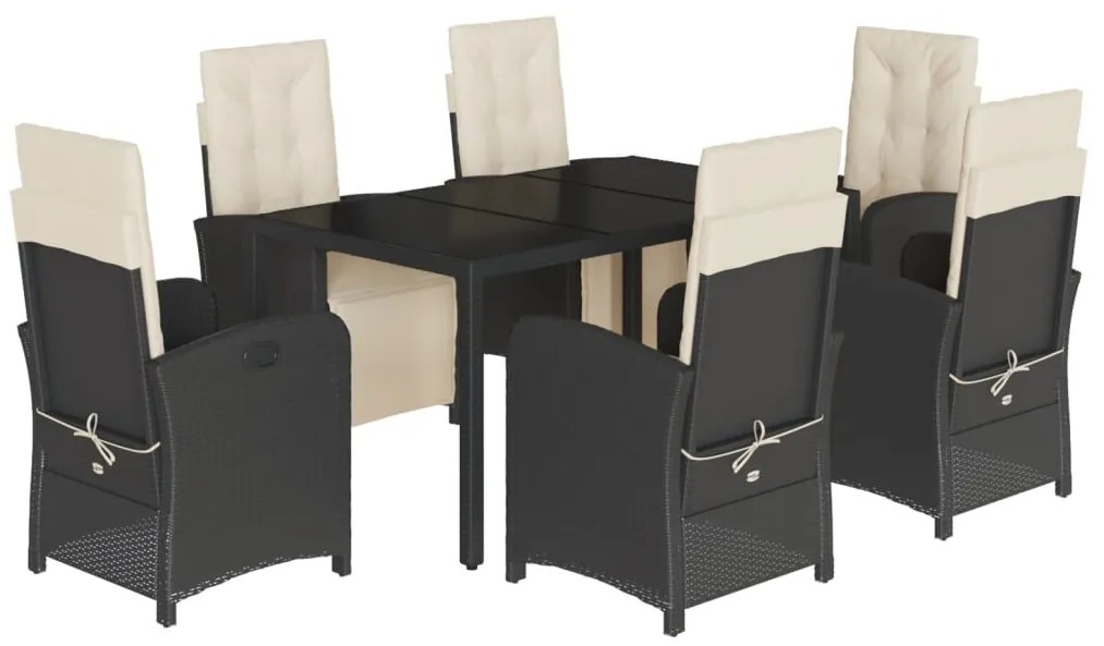 Set da pranzo da giardino 7 pz nero con cuscini in polyrattan