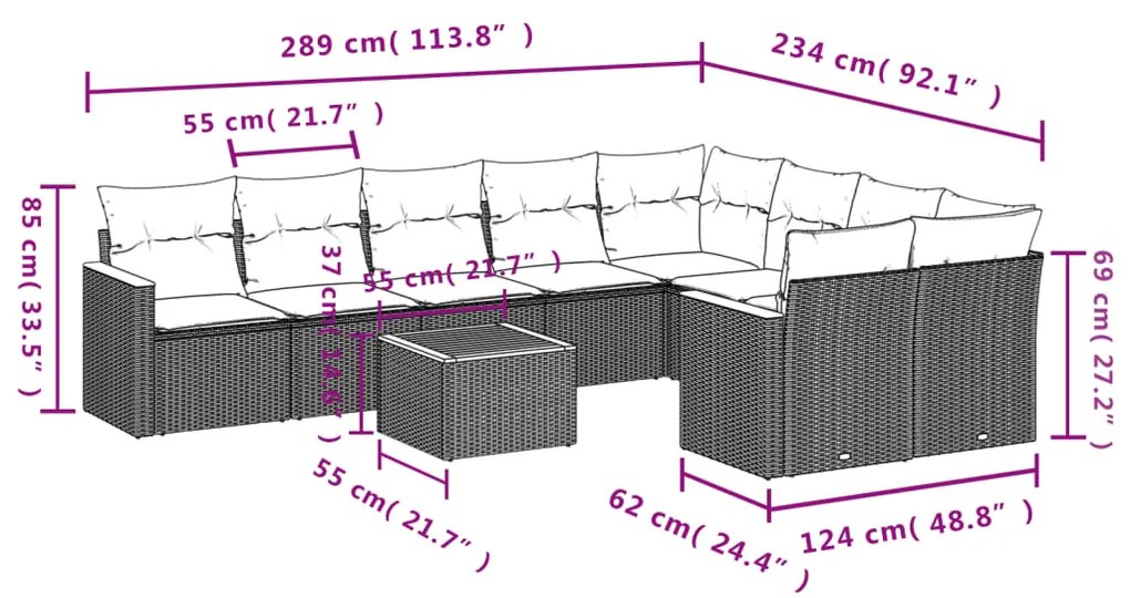 Set divano da giardino 10 pz con cuscini beige in polyrattan