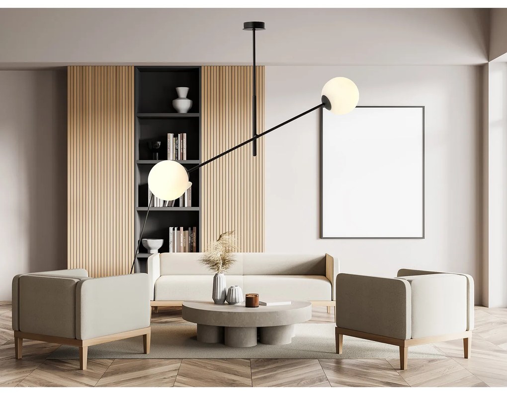 Lampadario 2 Luci Yama In Acciao Nero Con Bracci Regolabili E Vetro Opale