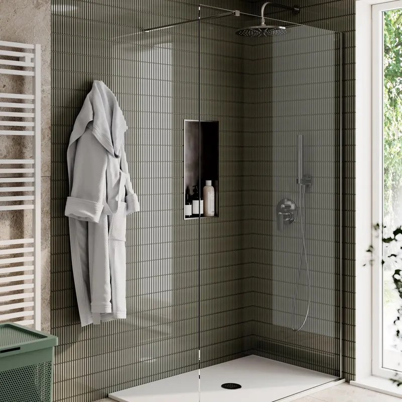 Box doccia walk-in, vetro 8 mm, H 200 cm, profilo nickel spazzolato