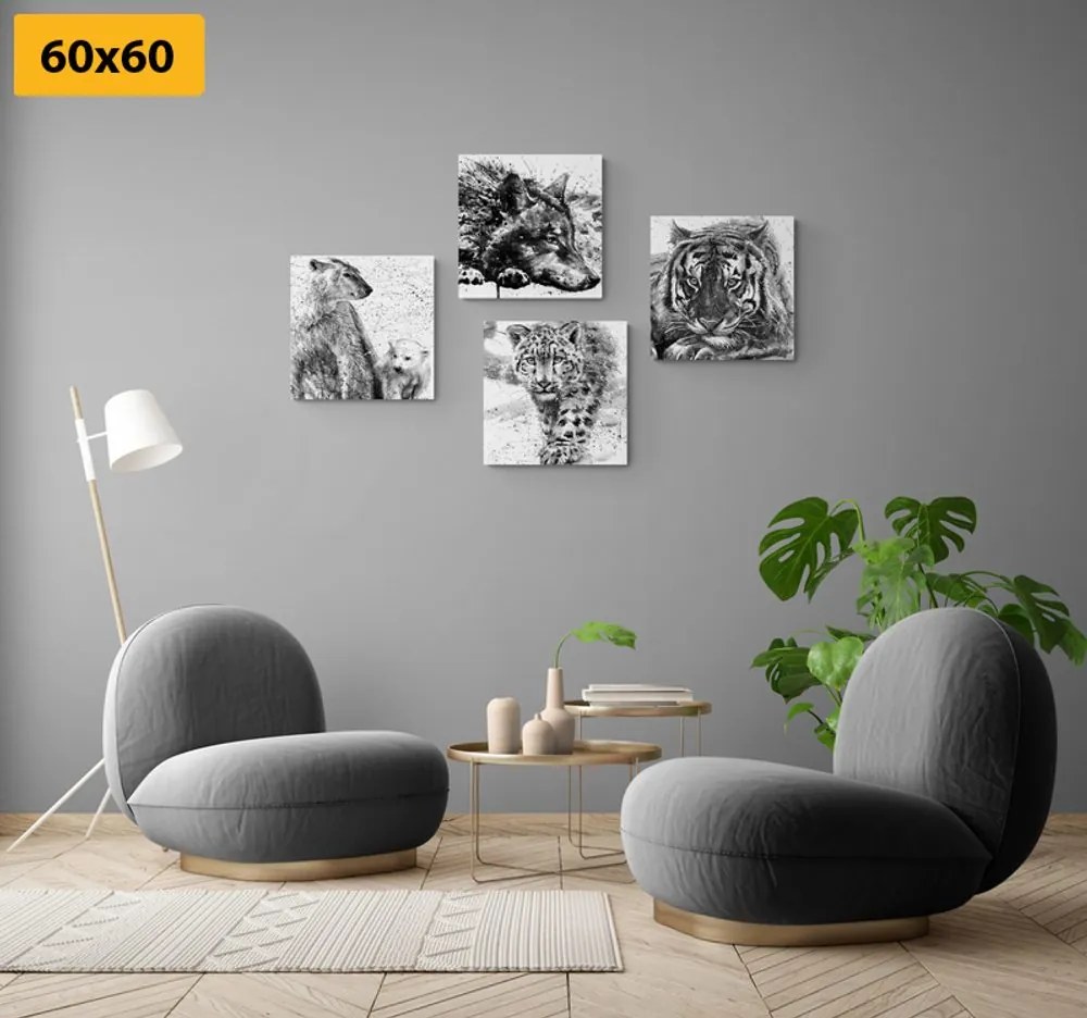 Set di quadri – Animali in versione acquerello in bianco e nero