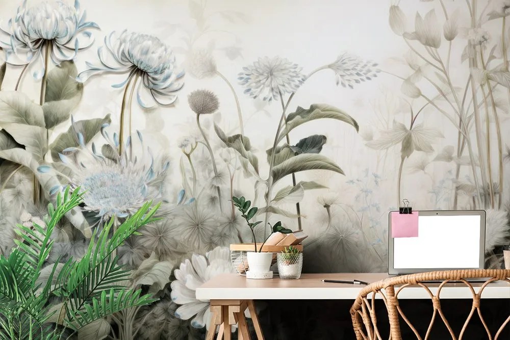 Carta da parati – Fiori avvolti dalla natura con contrasto blu