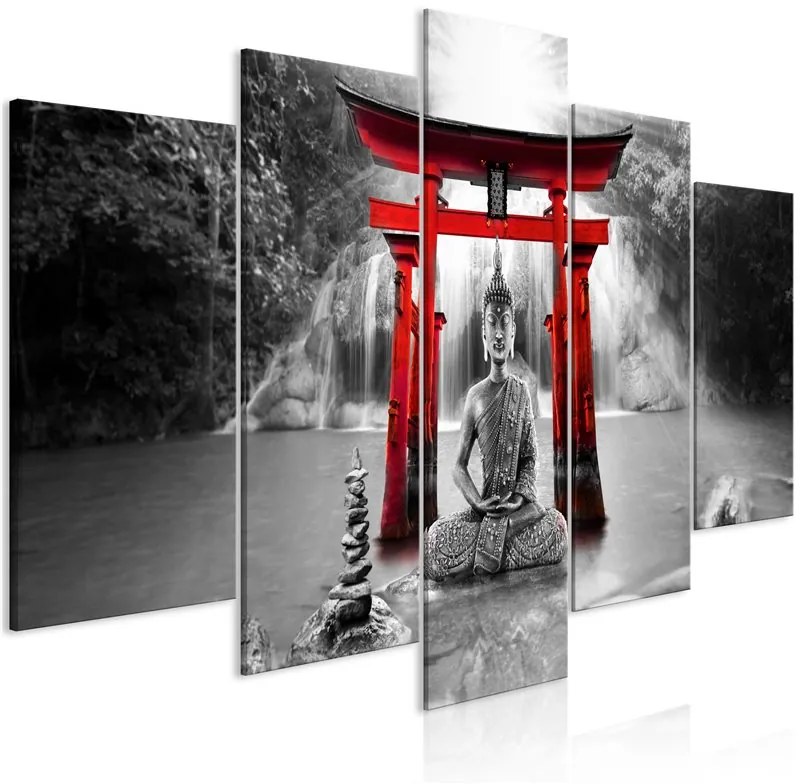 Quadro Buddha Smile (5 Parts) Wide Red  Colore Rosso, Dimensioni e Misure 100x50