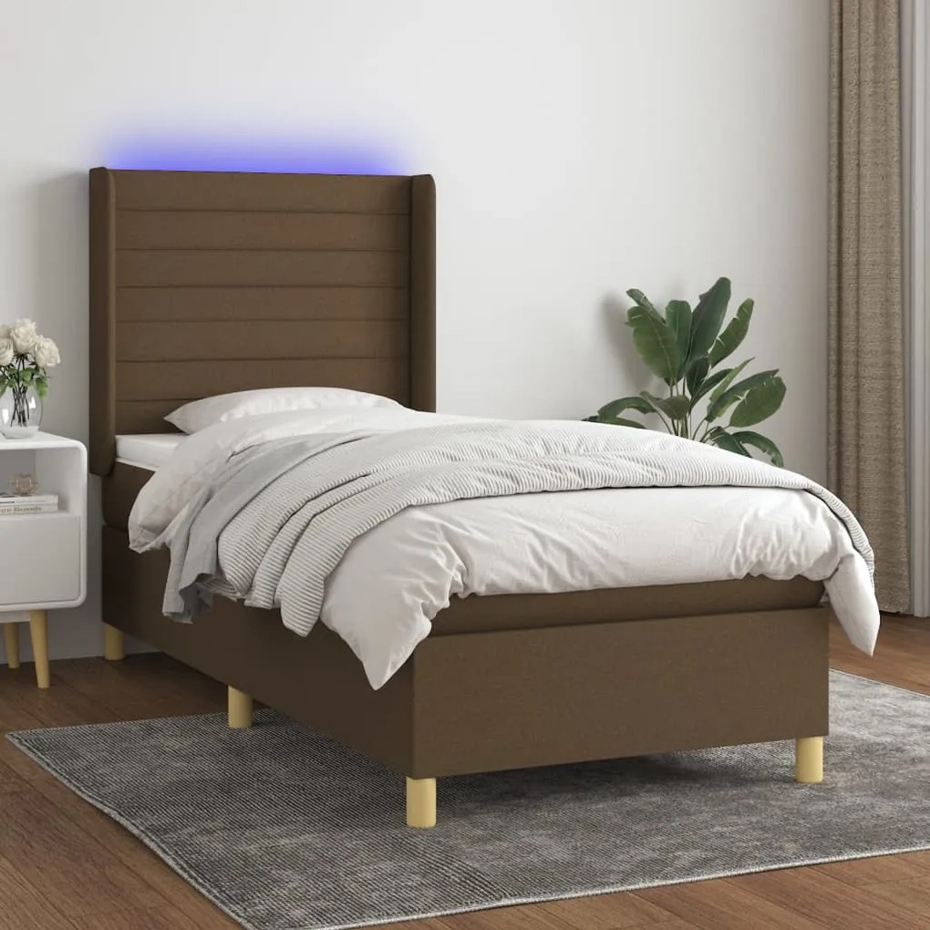 Letto a molle materasso e led marrone scuro 100x200 cm tessuto