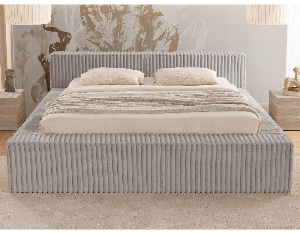 Letto matrimoniale imbottito grigio con contenitore e rete inclusi 140x200 cm Cloe – Ropez