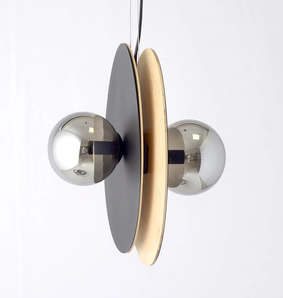 Sospensione Minimal Nordica Brigid 2 Luci In Acciaio Nero E Legno Vetro Fumè