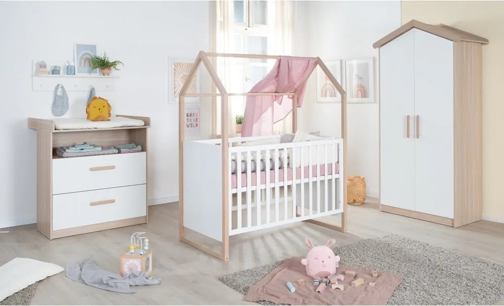 Cassettiera per bambini bianca/di colore naturale con effetto rovere con fasciatoio 88x98x75 cm Cabane – Roba