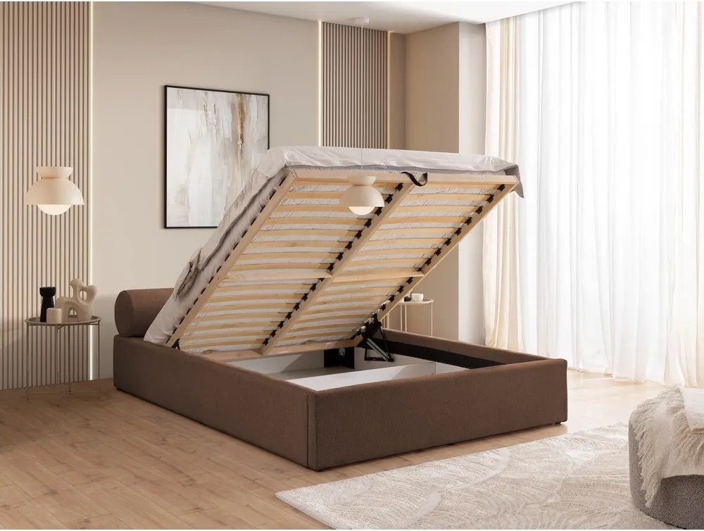 Letto matrimoniale imbottito marrone con contenitore con rete inclusa 180x200 cm Cille – Ropez