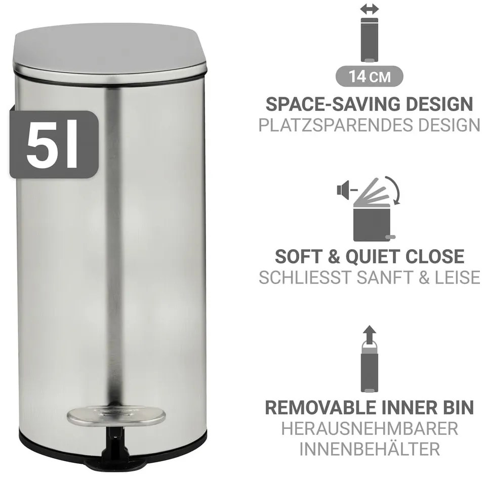 Cestino per la spazzatura color argento opaco in acciaio inox con pedale 5 l Collungo – Wenko