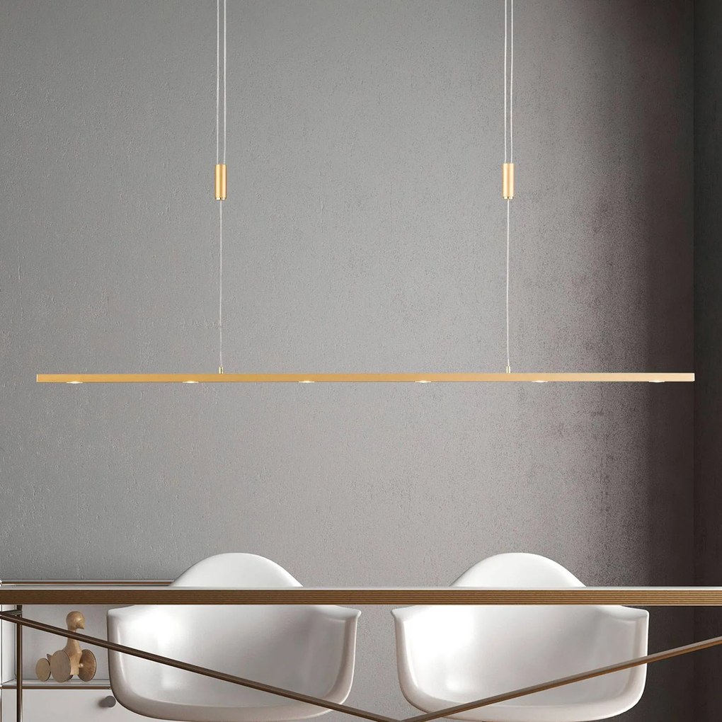 Lampada LED a sospensione Tolu di Quitani, lunghezza 119 cm, ottone dimmerabile, Ottone / Oro, Soggiorno / Sala da pranzo, Alluminio, Moderno