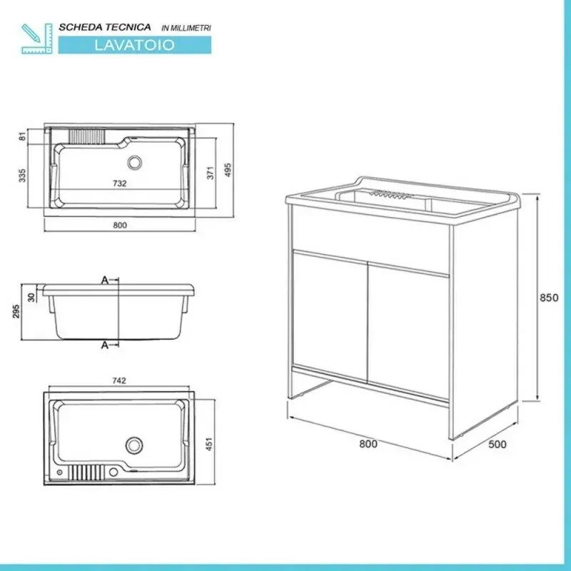 Mobile lavatoio 80 cm in PVC rovere kit di montaggio scarico incluso